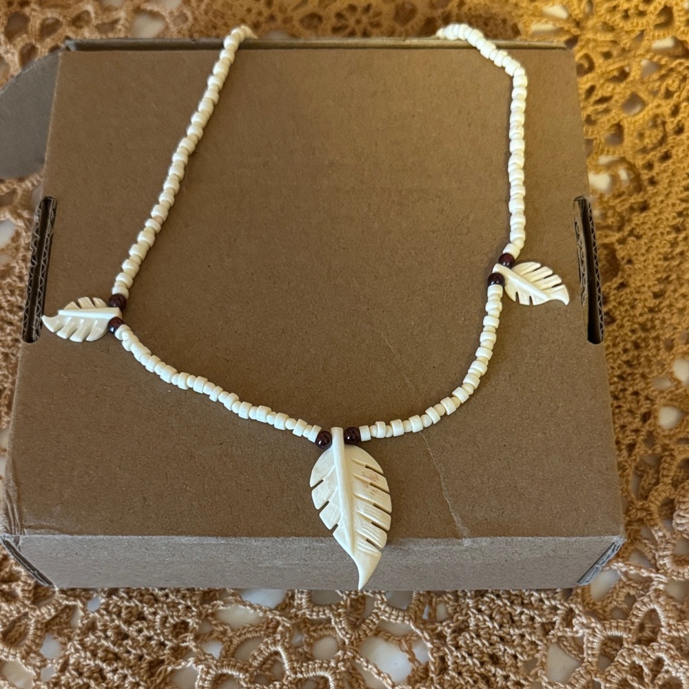 White Beaded Leaf Pendant Necklace - Women's Jewelry